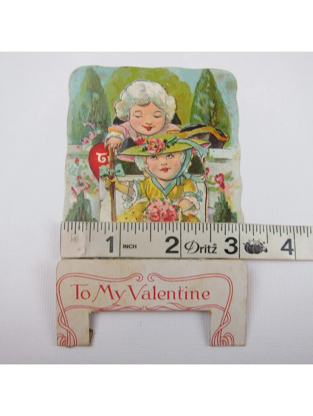 Vintage Valentine 3D Pop Up Die Cut Boy & Girl 1700s Wigs & Dress Pink Flowers